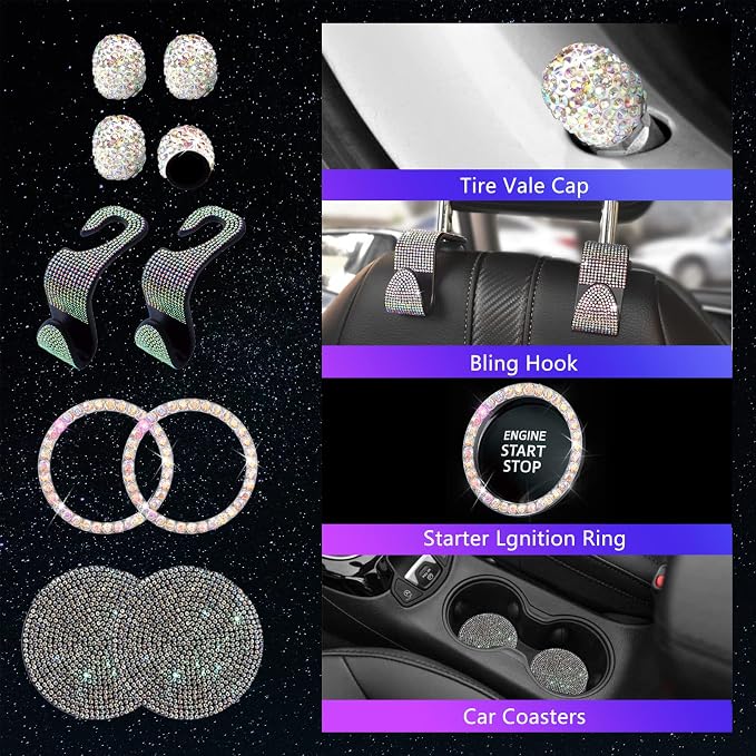 25PCS Bling Car Car Accessories Set,15 Inch Steering Wheel Cover,Shiny License Plate Frame,Center Console Cover and Rearview Mirror Set and Other Car Accessories(Multicolor)