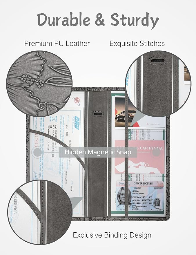 Mymazn Car Registration and Insurance Holder, PU Leather Glove Box Car Organizer with Magnetic Closure, Car Document Holder for Driver's License & Essential Documents (Dark Grey)