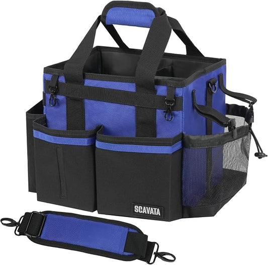 SCAVATA Compact Wearable Cleaning Caddy, Small Supplies Organizer with Handle & Shoulder Straps for Housekeepers, Under Sink & Car Cleaning Tool Organizer Bag (Blue)