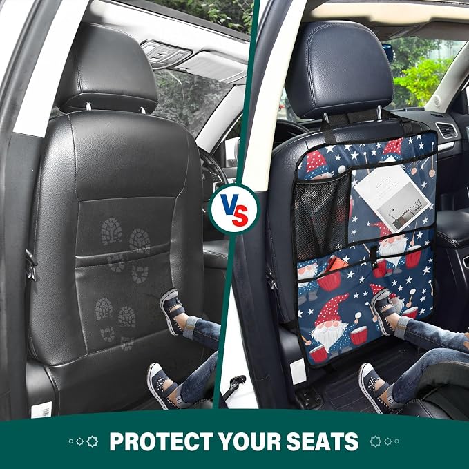 July 4th Gnomes Drum Dark Blue 1 Pack Backseat Car Organizer with Storage Pockets Seat Back Organizers for Kids Kick Mats Backseat Protector Automotive