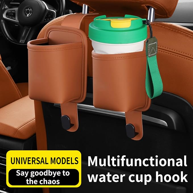 2-Pack Car Seat Back Cup Holder Organizer, Orange | Faux Leather, With Hooks, Universal Backseat Storage, For Drinks, Bottles & Travel Accessories