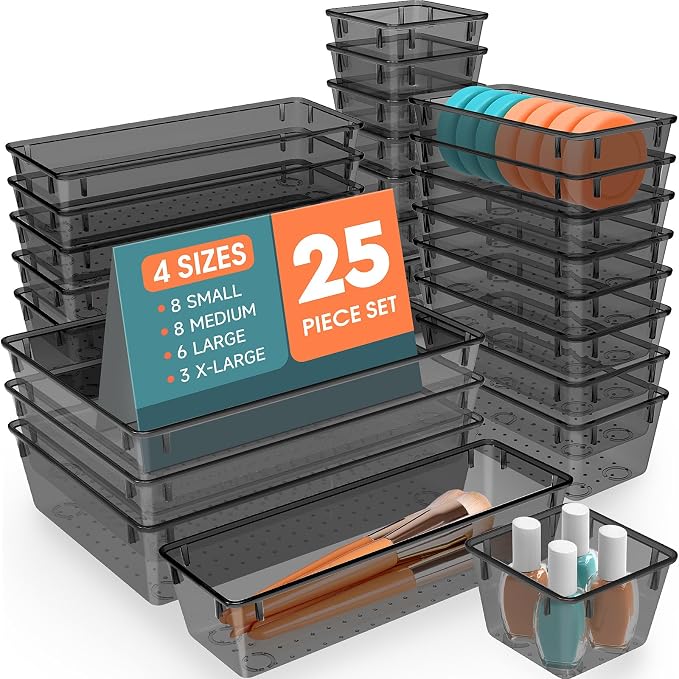 SpaceHacks 25 PCS Plastic Drawer Organizer Set, 4-Size Versatile Organizer Tool Trays & storage Bins for Makeup, Jewelry, and Gadgets in Bathroom, Bedroom and Office,Clear Black