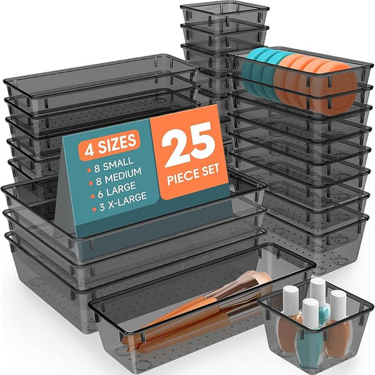 SpaceHacks 25 PCS Plastic Drawer Organizer Set, 4-Size Versatile Organizer Tool Trays & storage Bins for Makeup, Jewelry, and Gadgets in Bathroom, Bedroom and Office,Clear Black