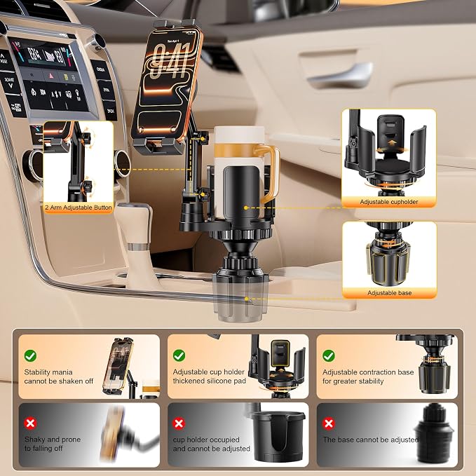Tablet Holder for Car, 3 in 1 Cup Holder ipad Car Mount with Expander, Adjustable Base and Long Arm with 360°Rotation Phone ipad Holder Compatible for 4-12.9‘’ Tablet, All Smartphones and Most Bottles