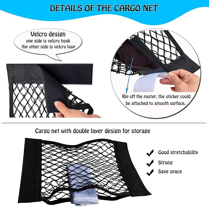 Mesh Cargo Net Car Wall Sticker Organizer Elastic Net With Tape Stickers for Trunk Storage Mesh Holder for Kitchen Cabinet, Home (Extra Tape Stickers)