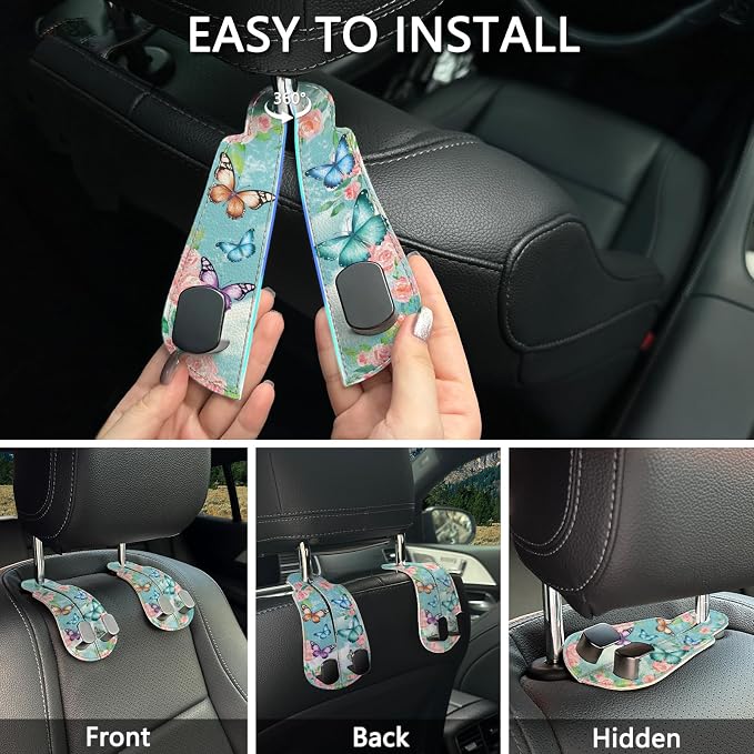 Blusabaca 2PCS Car Seat Back Storage Headrest Hooks, Butterfly Purse Holder Bags Hanger, PU Leather Double Metal Hook for Backseat Organizer, Women Car Accessories Organization