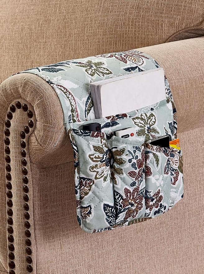 Brilliant Sunshine Green Vintage Beautiful Flowers Couch Armrest Organizer, Non Slip Armchair Caddy for Sofa Recliner, Washable Remote Control Holder, Storage for Magazine, Phone, iPad (35"×13")