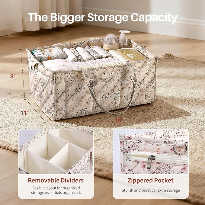 Extra Large Diaper Caddy Organizer – Big Baby Essentials Nursery Storage Basket with Zipper Pocket & Shoulder Strap, Splashproof Travel Tote for Twins, Gifts for Baby Shower, Beige Floral