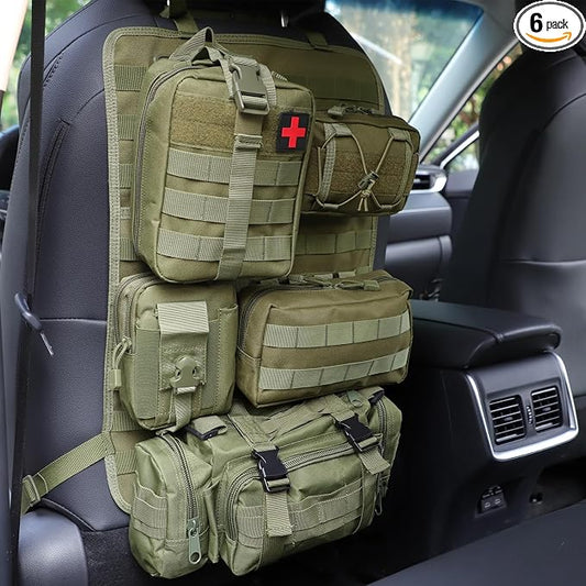 truck seat organizer and storage tactical car back seat back organizer with a Molle Vehicle Panel and 5 Different Size Molle Pouches for most models such as Jeep,SUV,Pickup(Army green)