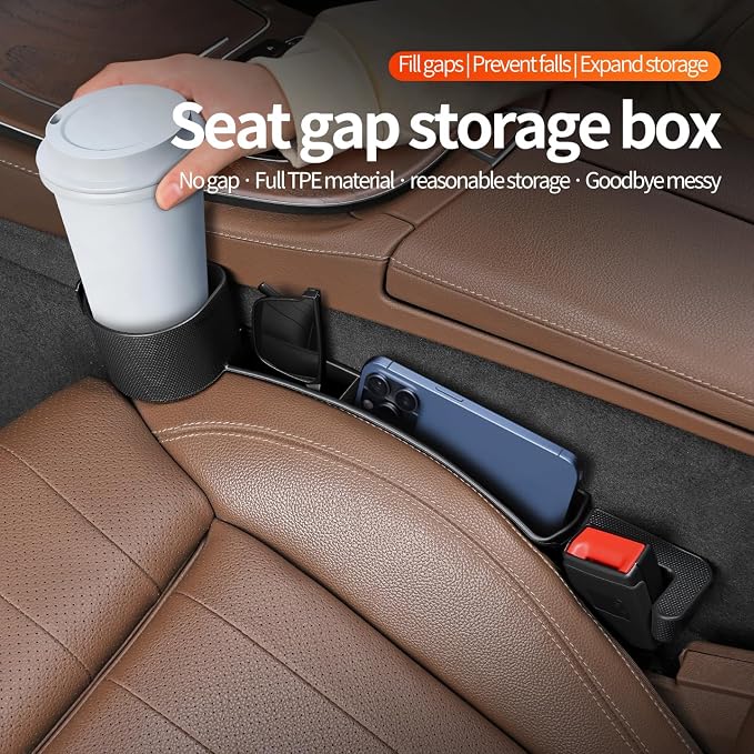 Car Seat Gap Filler Organizer, 2PCS Car Seat Gap Plug with Storage Slot, 3-in-1 Seat Gap Filler with Cup Holder & Hooks, Car Interior Organizer for Sedans SUVs Trucks, Black (2)