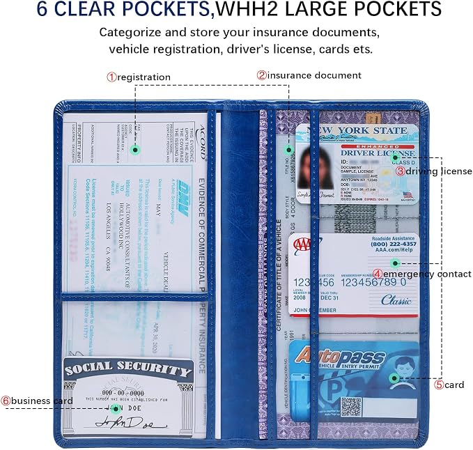 Car Registration and Insurance Card Holder for Women Men, Dark Blue Glove Box Paperwork Organizer with Magnetic Buckle for Easy Access and Protect Documents and Various Cards in Vehicle