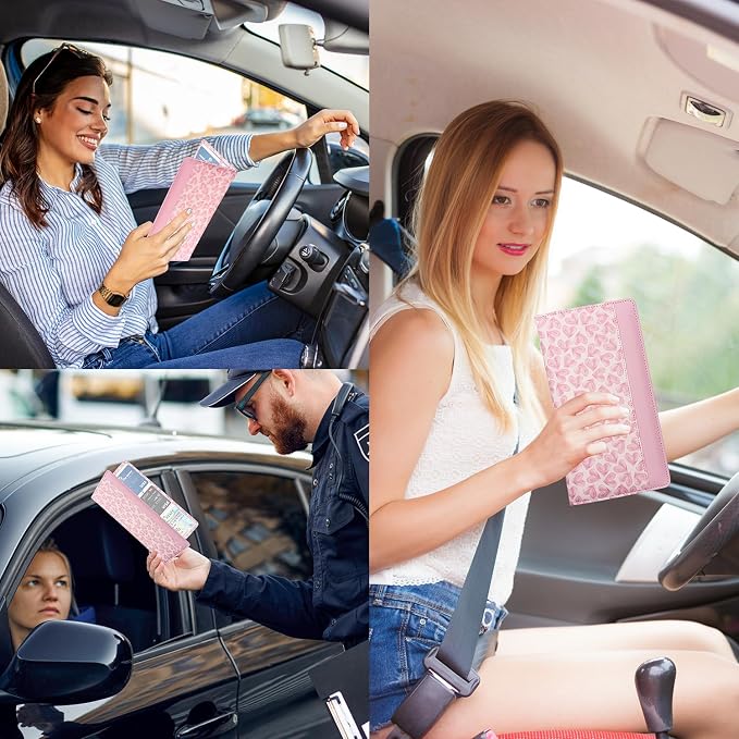 Car Registration and Insurance Holder with Magnetic Closure, Universal Document Organizer for License, Insurance Cards & Glove Box Storage (Heart-Pink)