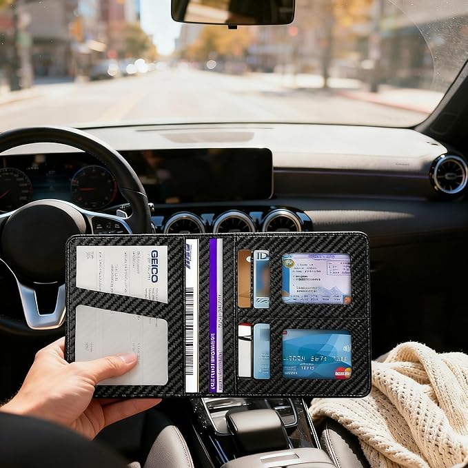 Car Registration and Insurance Holder, Premium Leather Insurance and Registration Holder,vehicle Glove Box Car Organizer, with Magnetic Shut for Cards, Driver License (Carbon Fiber Black-M)