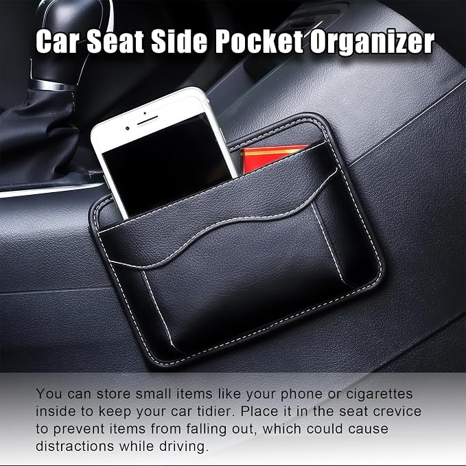 Car Seat Side Pocket Organizer, PU Leather Car Storage Bag Multifunctional Phone Wallet Key Card Holder Gap Filler Universal Pouch for Auto Door Seat Side Dash Interior Accessories (Black)