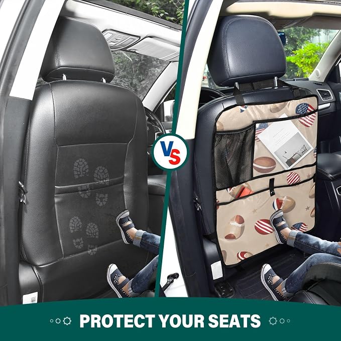 Brown Football and Flag 2 Pack Backseat Car Organizer with Storage Pockets Seat Back Organizers for Kids Kick Mats Backseat Protector Automotive