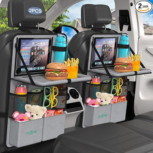 Plzpik Car Backseat Organizer with Tablet Holder,11 Storage Pockets with Foldable Food Tray, Protector Kick Mats for Kids, Travel Accessories Organizer (Gray, 2Pack with Food Tray)