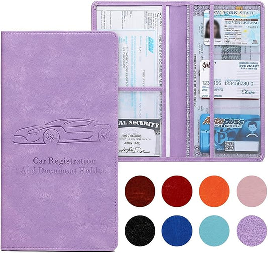 Car Registration and Insurance Card Holder for Women Men, Purple Glove Box Paperwork Organizer with Magnetic Buckle for Easy Access and Protect Documents and Various Cards in Vehicle