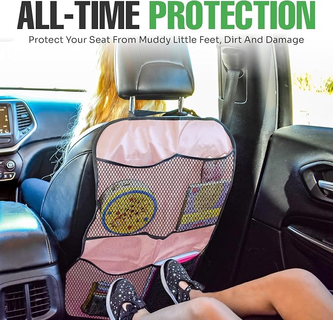 lebogner Back Seat Cover for Kids + 3 Pocket Storage Organizer, 2 Pack X-Large Waterproof Kick Mats, Car Backseat Protector (Beige, Kick Mats + 4 Organizer Pockets)