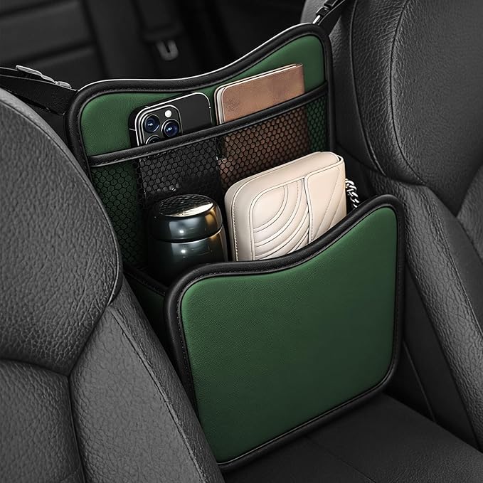 Car Organizer Storage Between Seats, Car Purse Holder, Nappa Leather Front Seat Storage Bag with Tissue Holder, Large Capacity Auto Console Organizer for Document Phone Wallet Snack (Green)