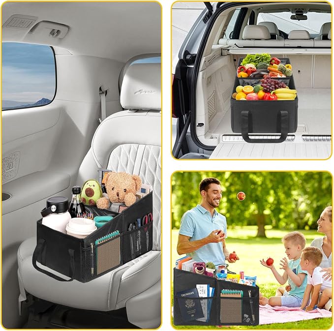 Car Organizer, Car Backseat Organizer for kids, Car Organizer with Divide, Handles and Multiple Mesh Pockets, Passenger Seat Organizer, Travel Accessories Collapsible Small Car Seat Storage Caddy
