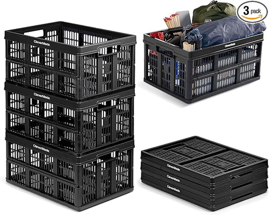 CleverMade Collapsible Utility Crates, Obsidian, 3 Pack, 45L/11 Gal, 66 lbs Capacity, Stackable Containers, Heavy Duty, Space-Saving Baskets,Polypropylene (PP)
