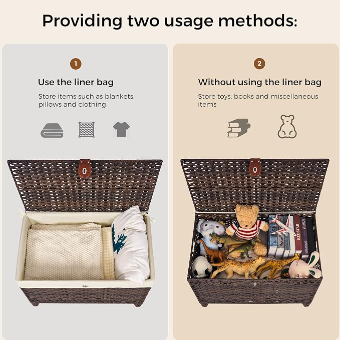 Honjourai Wicker Storage Basket with Lid,Rattan Shelf Basket with Removable Liner Bag,105L Storage Bin,Storage Trunk with Heightened Feet,Storage Container for Wardrobe,Home Organizer