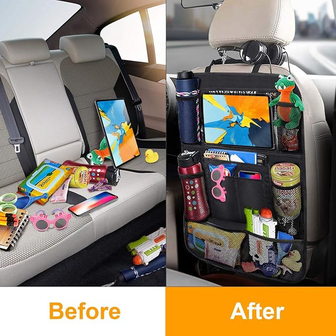 Car Backseat Organizer, 2 Pack, Black, Simple/Functional, Car Seat Organiser, Car Backseat Organizer, 10 Compartments, Tablet Holder, Waterproof, Easy to Clean