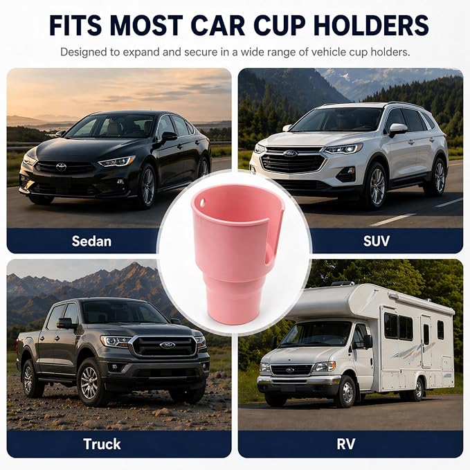 Car Cup Holder Expander for Large Bottles, Fits 32 oz to 40 oz Water Bottles and Handle Mugs, Secure Base for Most Vehicle Cup Holders, Durable ABS, Easy to Install, Durable ABS (Pink)