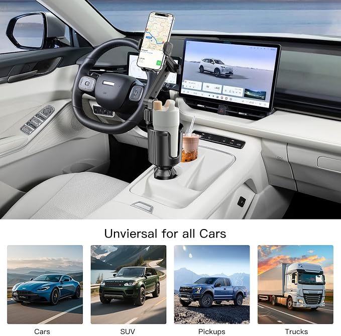 Cup Holder Phone Mount, Cup Phone Holder Expander [2026 Upgraded] 20.5" Height Adjustable Long Arm Phone Holder for Your Car Fit All 4.0-7.0in Smartphones iPhone Most Bottles