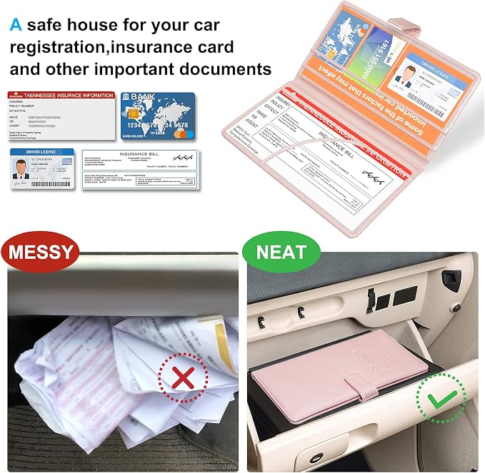 DMLuna Car Registration and Insurance Holder, Leather Vehicle Card Document Glove Box Organizer, Auto Truck Compartment Accessories for Essential Information, Driver License Cards, Rose Gold