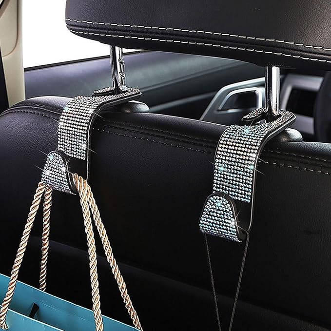 10 Pcs Bling Car Interior Accessories - Universal Headrest Hooks, Start Button Rings, Coasters and Cup Holder Inserts