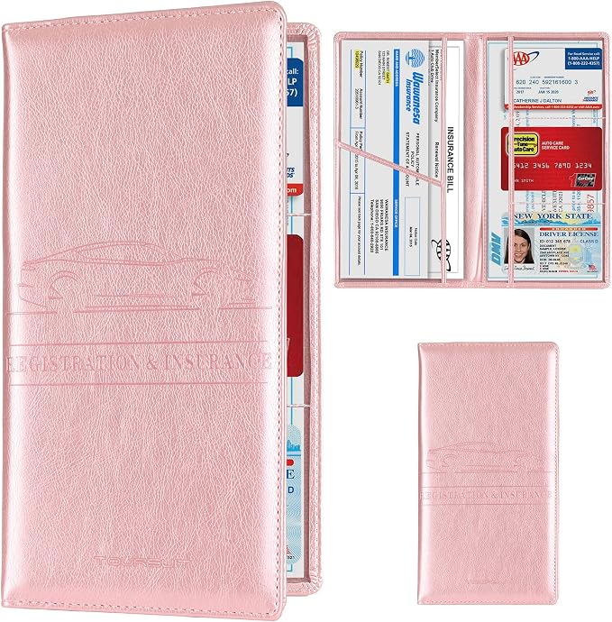 TOURSUIT Car Registration and Insurance Card Holder, Vehicle License Document Glove Box Compartment Organizer, Interior Car Accessories for Women Men (Rose Gold)