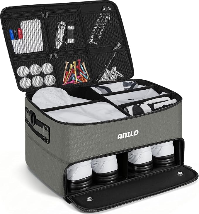 ANILD Golf Trunk Organizer, 2 Layer Golf Storage Case with Separate Ventilated Compartment for 2 Pair Shoes, for Balls, Tees, Clothes, Gloves, Accessories, Golfer Gifts
