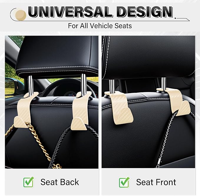 SINGARO Universal 2 Pack Car Seat Headrest Purse Hook, Carbon Fiber Back Seat Hook Storage Organizer Hanger for Purse Handbag Coat, Car Interior Accessories(Beige)