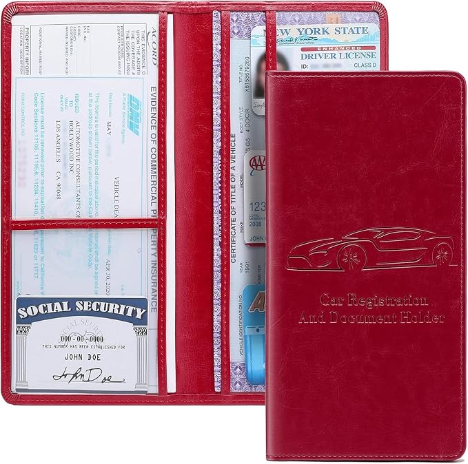Car Registration and Insurance Card Holder for Women Men, Red Glove Box Paperwork Organizer with Magnetic Buckle for Easy Access and Protect Documents and Various Cards in Vehicle