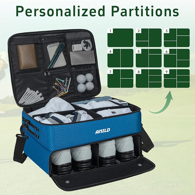 ANILD Golf Trunk Organizer, 2 Layer Golf Storage Case with Separate Ventilated Compartment for 2 Pair Shoes, for Balls, Tees, Clothes, Gloves, Accessories, Golfer Gifts