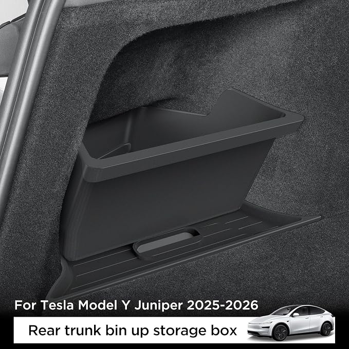 LUCKEASY 2PCS Trunk Corner Up Storage Box for Tesla Model Y Juniper Standard/Premium/Performance 2025 2026 Need Lid Under Box Trunk Storage Bins for Model Y Juniper Accessories TPE Black