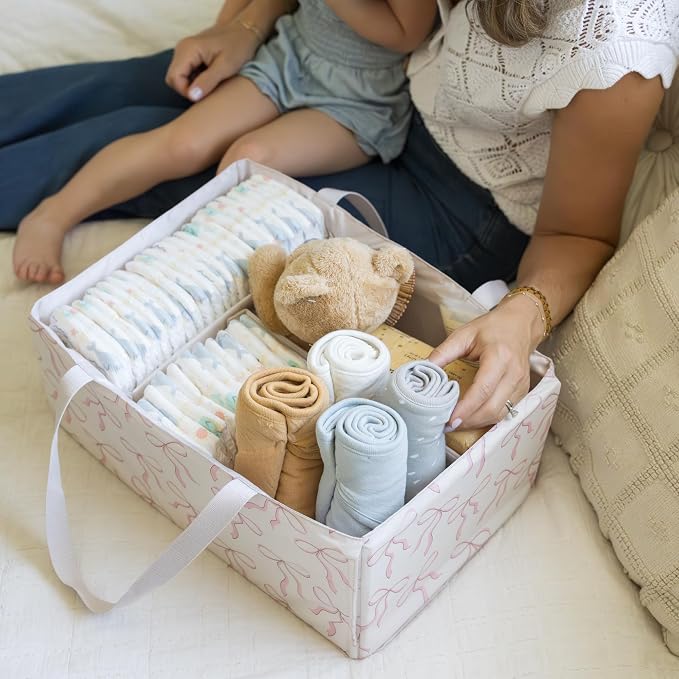 Tiny Twinkle Diaper Caddy Organizer – Foldable Baby Storage Basket with Removable Divider | Waterproof & Mess-Proof Fabric, Portable Nursery Organizer for Newborn Essentials(Bows)