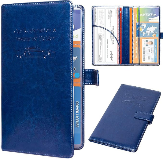 DMLuna Car Registration and Insurance Holder, Leather Vehicle Card Document Glove Box Organizer, Auto Truck Compartment Accessories for Essential Information, Driver License Cards, Dark Blue