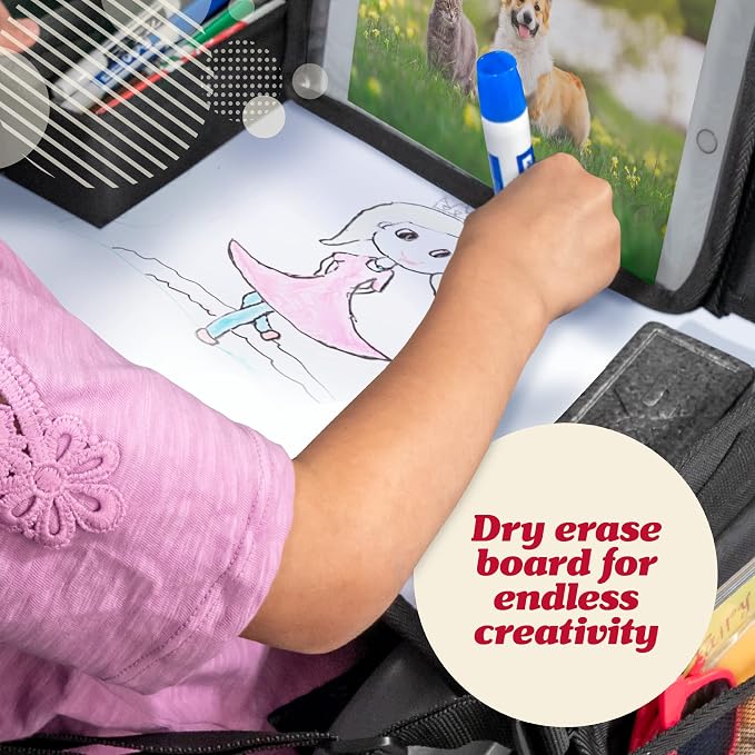 Lusso Gear Travel Car Seat Tray - Dry Erase Board & Secure Tablet Holder for Toddler Travel - Durable 600D Oxford Cloth with Snack & Toy Compartments for Road Trip Essentials for Kids - Pink Unicorn
