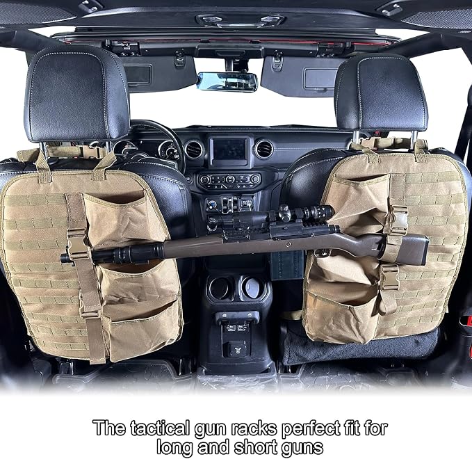 SUNPIE 2 Pcs Seat Back Truck Gun Rack，Automotive Gun Racks with Molle Panel Universal Seatback Storage Pockets Tactical Car Seat Back Organizer for Hunting Accessories Storage,Khaki