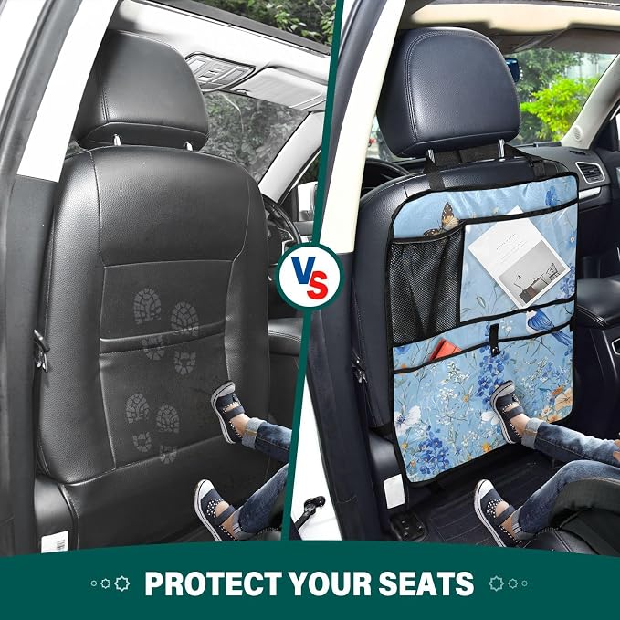 Light Blue Floral Bluebonnet Butterflies 1 Pack Backseat Car Organizer with Storage Pockets Seat Back Organizers for Kids Kick Mats Backseat Protector Automotive