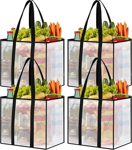 4 Pack Reusable Grocery Bags, Heavy-Duty Shopping Bags with Sturdy Handles, Water-Resistant & Foldable Organizer, Shopping Bags for Groceries, Market, Car Trunk, Multi-Purpose, 42L