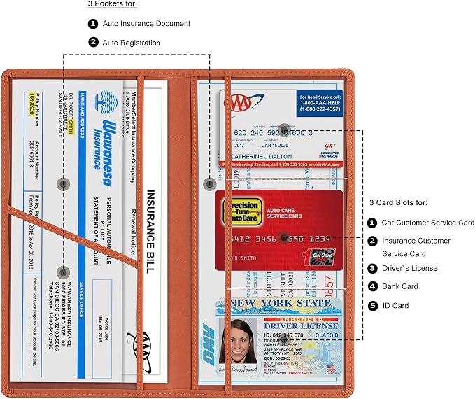 TOURSUIT Car Registration and Insurance Card Holder, Vehicle License Document Glove Box Compartment Organizer, Interior Car Accessories for Women Men (Brown)