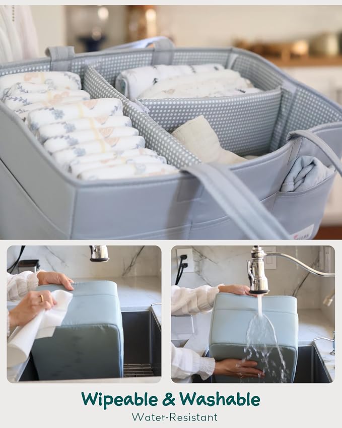 Lily Miles Diaper Caddy Organizer with 8 Pockets, Wipeable Baby Caddy Basket for Diapers and Wipes, Baby Registry Favorites, Nursery Tote Bag for Changing Table or Car (Heather Grey, Large)