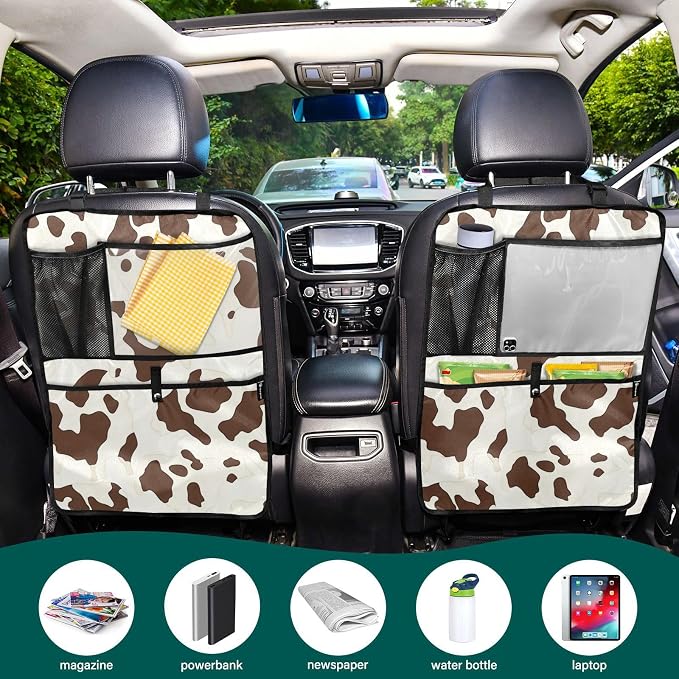 Brown Cow Print 2 Pack Backseat Car Organizer with Storage Pockets Seat Back Organizers for Kids Kick Mats Backseat Protector Automotive