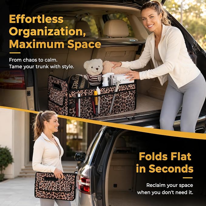 Car Trunk Organizer for SUV & Car, Foldable Waterproof Basket with Front & Side Pockets, Leopard Print Car Accessories for Women, Durable Oxford Cloth Backseat & Truck Bed Organizer
