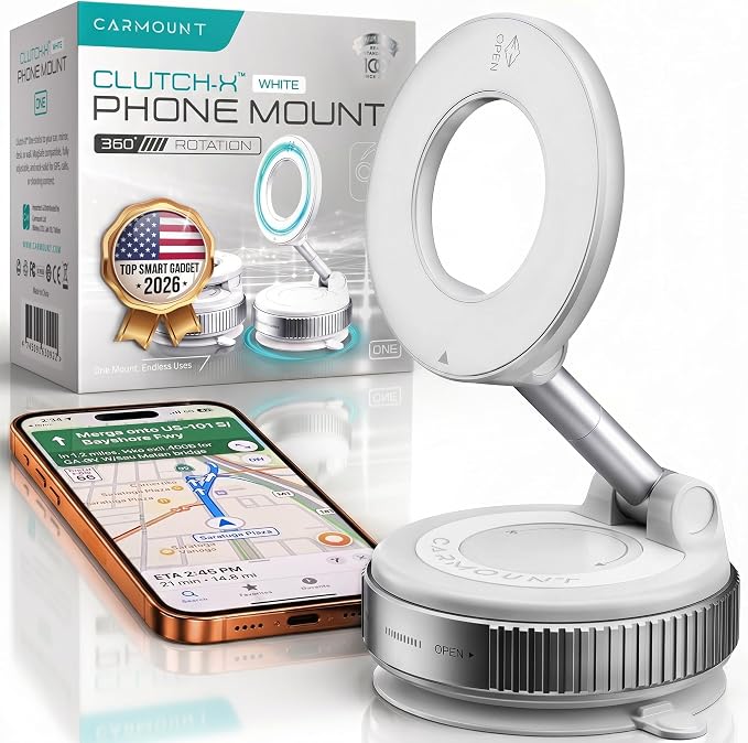 CARMOUNT Clutch-X™ White – Upgraded Vacuum Phone Mount Suction Cup Car Phone Holder for iPhone, Window Phone Mount, 360° Vacuum Magnetic Phone Holder for Car, Magnetic Phone Holder with Suction Cup