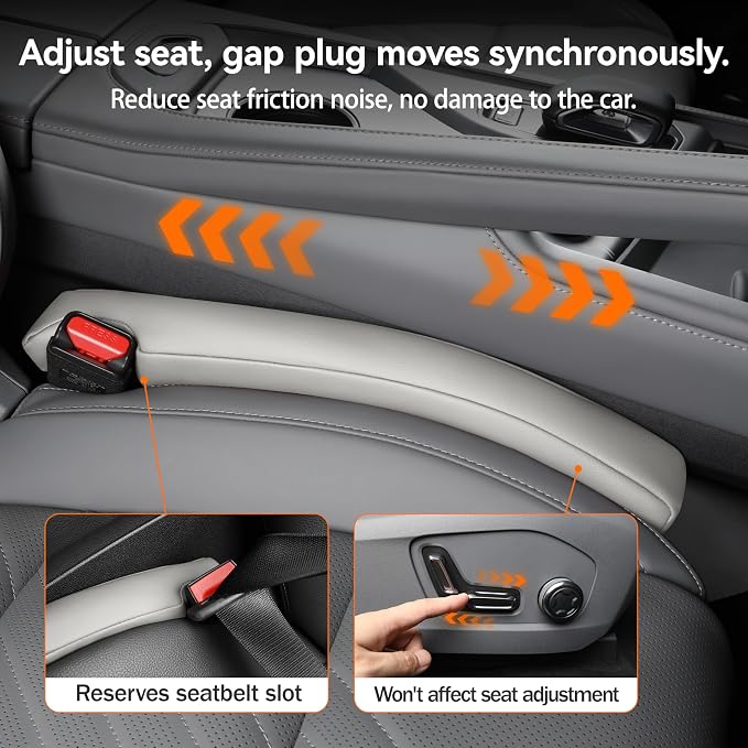 Car Seat Gap Filler - 2 Pack Premium Leather Console Blockers for Cars, Trucks & SUVs - Adjustable 1.4-2.4 Inch Width - Prevents Items Falling Between Seats (Grey)