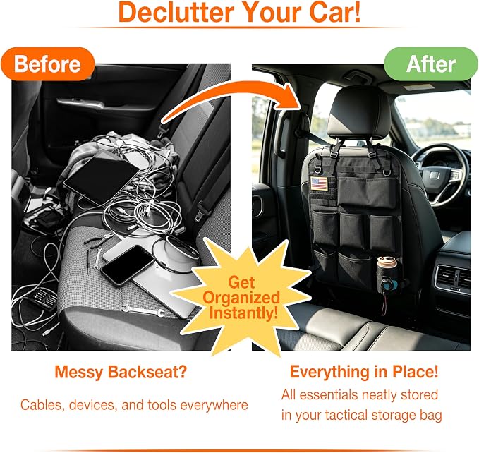 Tactical Car Seat Back Organizer with 8 Pockets, MOLLE Seat Organizer with Hook & Loop Panel, Universal Fit for Car SUV Truck Jeep